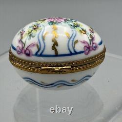 Vtg Limoges France Egg Shaped Hinged Trinket Box Floral Ribbon Thimble Inside