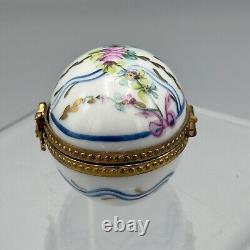 Vtg Limoges France Egg Shaped Hinged Trinket Box Floral Ribbon Thimble Inside