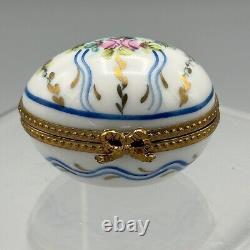 Vtg Limoges France Egg Shaped Hinged Trinket Box Floral Ribbon Thimble Inside