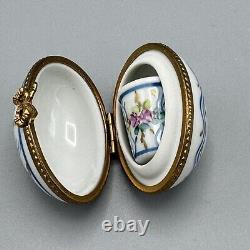 Vtg Limoges France Egg Shaped Hinged Trinket Box Floral Ribbon Thimble Inside