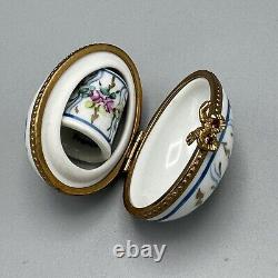 Vtg Limoges France Egg Shaped Hinged Trinket Box Floral Ribbon Thimble Inside