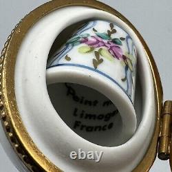 Vtg Limoges France Egg Shaped Hinged Trinket Box Floral Ribbon Thimble Inside