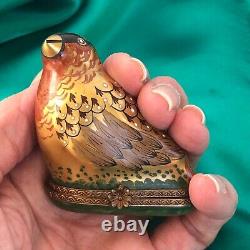 Vtg Limoges France Golden Bird Trinket Box Porcelain Hand Painted Signed L. V