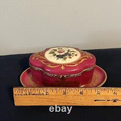 Vtg Limoges France Hand Painted Oval Trinket Box Pink Floral Gold with Tray Hinged