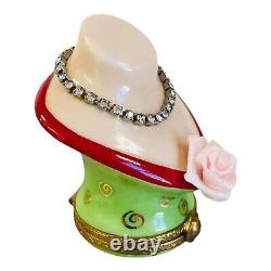 Vtg Limoges Hinged Trinket Box Lady Bust with Necklace & Pink Rose France Artoria