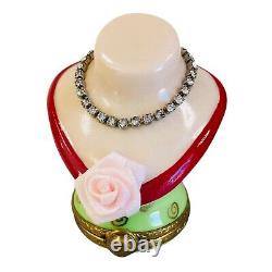 Vtg Limoges Hinged Trinket Box Lady Bust with Necklace & Pink Rose France Artoria