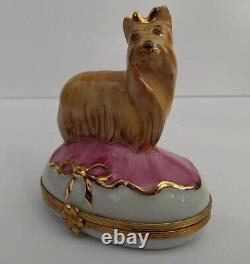 Vtg Limoges YORKIE hand painted dog trinket box Yorkshire Terrier pink France