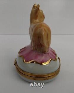 Vtg Limoges YORKIE hand painted dog trinket box Yorkshire Terrier pink France