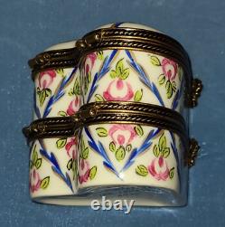 Vtg Limoges peint main porcelain trinket / ring box, Double Heart w pink roses