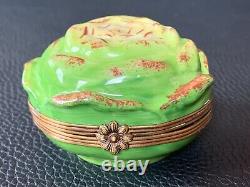 Vtg Original French Limoges Porcelain & Brass Jewellery Trinket Box Mini Lettuce