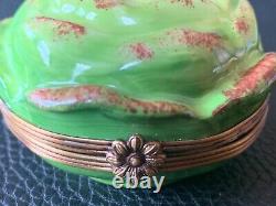 Vtg Original French Limoges Porcelain & Brass Jewellery Trinket Box Mini Lettuce