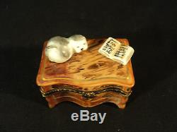 WONDERFUL LIMOGES PORC. LTD. ED. TRINKET BOX BROWN 3-DRAWER CHEST with CAT & BOOK