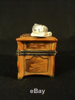 WONDERFUL LIMOGES PORC. LTD. ED. TRINKET BOX BROWN 3-DRAWER CHEST with CAT & BOOK