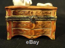 WONDERFUL LIMOGES PORC. LTD. ED. TRINKET BOX BROWN 3-DRAWER CHEST with CAT & BOOK